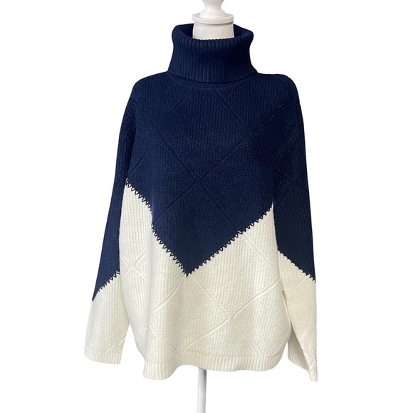 Tuckernuck Hyacinth House Sweater Womens Large Navy White Turtleneck Wool Blend - Picture 1 of 16